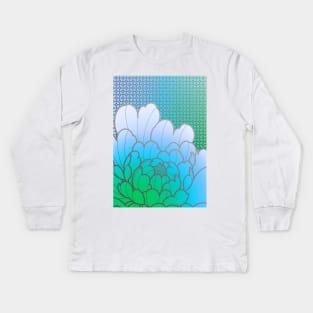 blue green peony flower and geometric pattern Kids Long Sleeve T-Shirt
